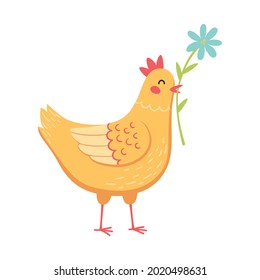 Cute easter chicken with flower in beak cartoon vector illustration