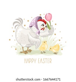 Cute Easter Chicken with a hand-drawn phrase "Happy Easter". Easter eggs, branches with leaves,
 flowers. Calligraphy brush for invitation and greeting card.