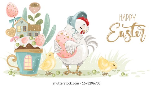 Cute Easter Chicken with a hand-drawn phrase "Happy Easter". Easter eggs, branches with leaves,
 flowers. Calligraphy brush for invitation and greeting card.
