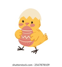 Cute Easter Chicken Holding Pink Decorated Egg. Vector hand-drawn illustration on a white background.