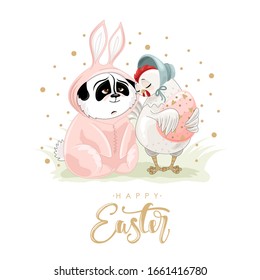 Cute Easter Chicken and Panda with a hand-drawn phrase "Happy Easter". Easter eggs, branches with leaves,
 flowers. Calligraphy brush for invitation and greeting card.
