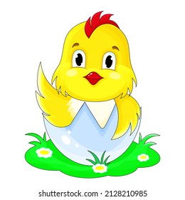 a cute Easter chicken sits in a shell and waves its wing 