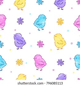 Cute Easter chickens pattern. Vector colorful seamless background.