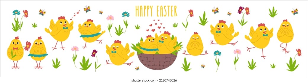 Cute Easter chickens set, Yellow chickens in different poses, a couple in love, doing yoga. Vector illustration.