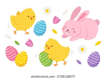 Polluelos y conejitos de Pascua lindos con huevos coloridos y flores de primavera