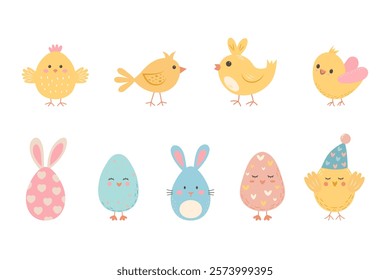 Cute Easter chicks, bunny eggs and chicks eggs set on white background.