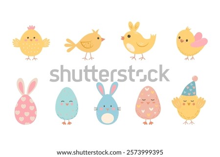 Cute Easter chicks, bunny eggs and chicks eggs set on white background.