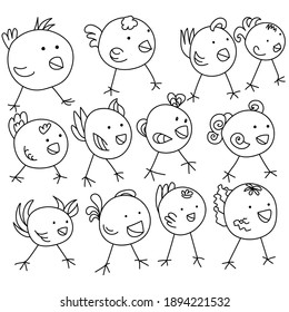 Cute easter chicks, doodle birds in ball shape, coloring page for kids illustration