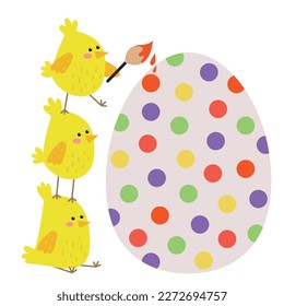 Cute Easter chicks and egg. vector illustration of yellow chicks for easter design. The chickens color the egg. Yellow chicks with red cheeks