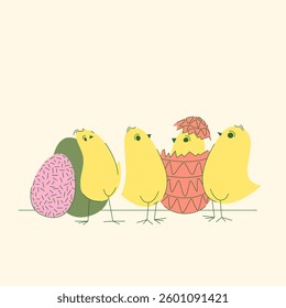 Cute Easter chicks with eggs illustration