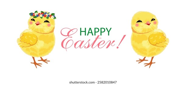 Cute Easter chicks with floral wreath. Happy Easter greeting card with adorable yellow baby chickens, spring flowers, and festive typography on white background. Vector