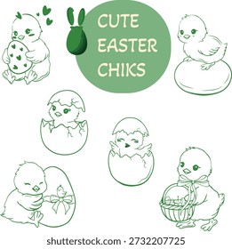 Cute Easter Chicks Line Art Set with Baby Birds and Eggs