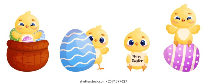 Cute easter chicks set isolated on white. Cartoon baby chicken with Easter eggs. Card, stickers, banner, poster vector design elements collection. 