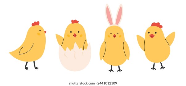 Cute Easter chicks set. Spring collection with baby chicken. Vector illustration in flat hand drawn style 