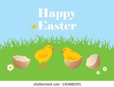 Cute easter chicks in spring landscape vector illustration. Chicken and egg vector. Happy Easter Chicken vector. Cute chick hatching. Chick cartoon character. Easter illustration