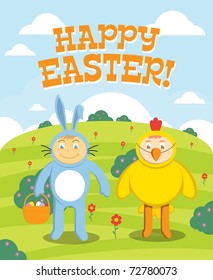 Cute Easter children hunt for eggs outside. perfect for holiday greeting card
