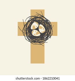 Cute Easter Christian cross with spotted quail eggs in a birds nest isolated on a light background. Decorative vector illustration, religious symbol, icon, logo, t-shirt graphic, design element