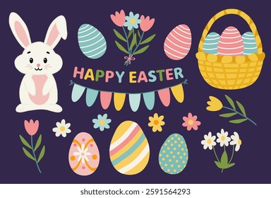 Cute Easter clip art set, Easter bunny, flowers, painted Easter eggs, festive garland, basket with eggs and text Happy Easter. Isolated on dark background. Flat vector illustration.