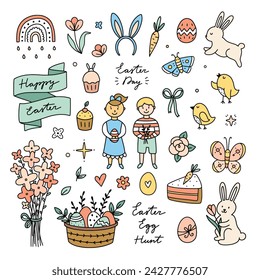Cute Easter clipart. Hand drawn Easter doodle set. Spring illustrations on white background