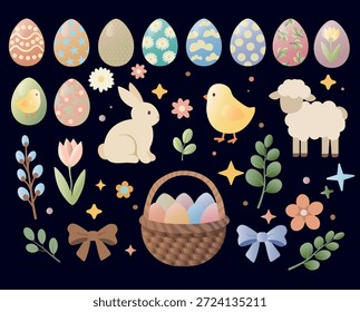 Clipart de páscoa bonito conjunto com ovos, coelho, pinto, cordeiro, flores da primavera