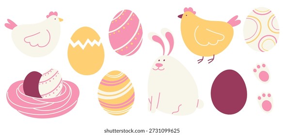 Nette Osterkollektion mit Hasen, Hühnern, Nest und bunten Eiern