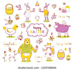 Cute Easter collection with cake, basket, eggs, chicken, chickens, bear, fox, lamb, butterfly, dragonfly, bee, rabbits, flowers. Vector Easter cartoon characters