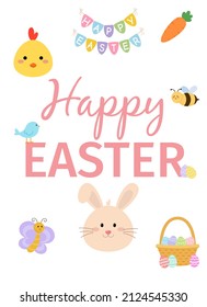 Cute Easter collection set with cartoon animals, bird, bee, butterfly. Hand drawn flat cartoon elements.