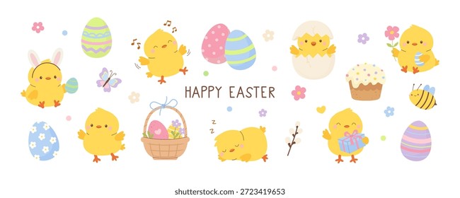 Cute Easter collection with yellow chicks and decorated eggs. Spring set for holiday design. Flat vector illustration.
