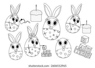 Cute Easter coloring page with set bunny-themed eggs, festive Easter cake, and Easter blocks. Perfect for kids activities, crafts, and holiday fun.