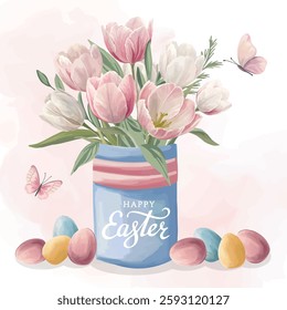 Cute Easter composition with delicate spring pink tulips and pastel-colored eggs, festive design celebrating the season with soft colors and joyful vibes
