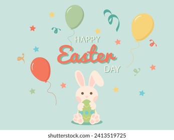 A cute Easter composition in pastel colors. Easter eggs, rabbit. Retro style. Perfect for greeting card,cover art. Vector illustration.