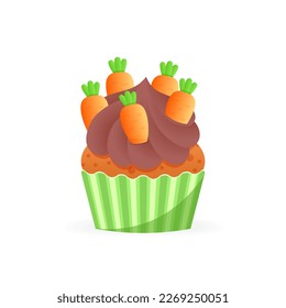 Cute Easter cupcake. Cartoon illustration of a funny sweet muffin for kids decorated with cream and little carrots. Vector 10 EPS.