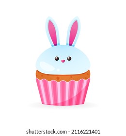 Cute Easter cupcake icon. Cartoon illustration of sweets muffin decorated with a bunny of creamy. Vector 10 EPS.