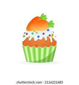 Cute Easter cupcake icon. Cartoon illustration of sweets muffin decorated with glaze, colorful sprinkles and marzipan carrots. Vector 10 EPS.