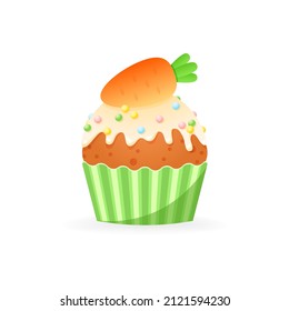 Cute Easter cupcake icon. Cartoon illustration of sweet muffin decorated with glaze, colorful sprinkles and marzipan carrot. Vector 10 EPS.