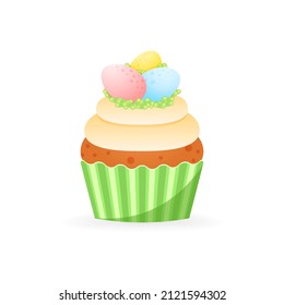 Cute Easter cupcake icon. Cartoon illustration of sweet muffin decorated with chocolate eggs in a nest of cream. Vector 10 EPS.