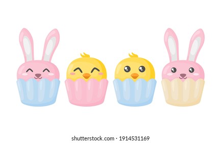 Cute easter cupcakes. Set of Easter bunny and little chicken muffins isolated on white. 