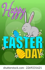 Cute easter day card on green background with beautiful bunny and eggs