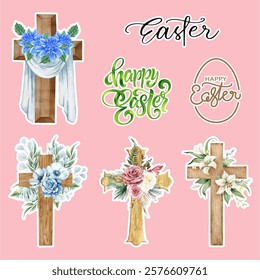 Cute Easter Day sticker with cross and typography vector illustration style. cartoon sticker, Happy Easter. Colorfull stickers. Holiday