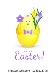 Cute Easter decoration in the form of a yellow figurine of a chicken with a purple bow tie holding flowers. Happy Easter greeting card with text. Easter egg in the form of a chicken. 3d vector