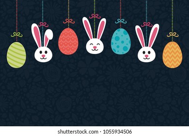 Cute Easter decoration with hanging bunnies and eggs on floral background with copyspace. Vector.