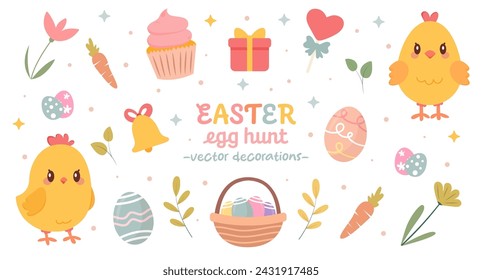 Cute Easter decoration set. Collection of traditional Easter vector elements. Chicken, eggs, basket. Ideal for greeting cards, stickers, posters.