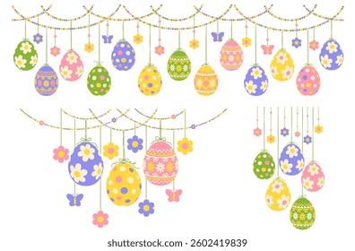 Cute Easter decorations set, garlands. Colored Easter eggs with various patterns, flowers hanging on threads with small bows. Minimalist vector illustration