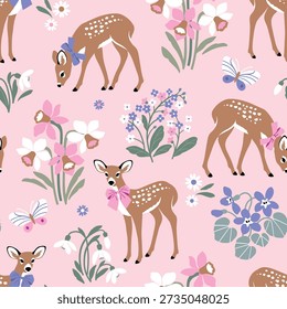 Cute Easter deer with bow and spring flowers. Hand drawn floral background. Seamless vector pattern with fawn and butterfly.