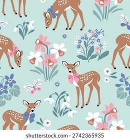 Cute Easter deer with bow and spring flowers. Hand drawn floral background. Seamless vector pattern with fawn and butterfly.