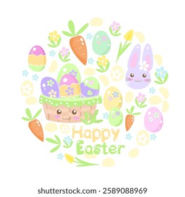 Cute Easter design with egg basket, bunny and spring flowers in pastel colors for postcards and decor. Vector illustration