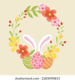Cute Easter design for greeting card, post, poster, social network, sticker. Vector illustration hand-drawn flower wreath and rabbit ears on yellow background. Cartoon style   
