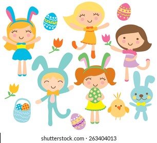 Cute Easter Doll Children with Easter Bunny 