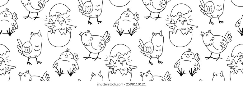 Cute Easter doodle pattern with funny yellow chick in various poses. Funny character in broken egg. Horizontal spring background. Vector outline illustration.