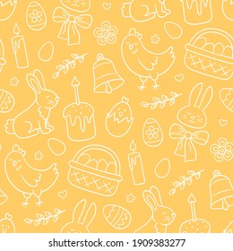 Cute Easter doodle seamless pattern with bunny, basket, easter eggs, cakes, chicken, willow twigs and candles. Vector hand drawn illustration on yellow background